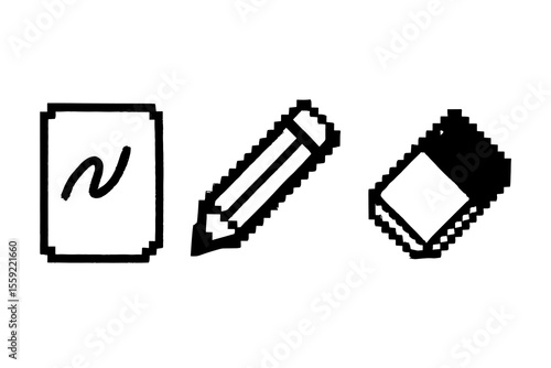 Pixel art icons of notebook, pencil, eraser in monochrome