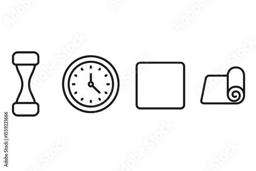 Icons of time: hourglass, clock, square, mat