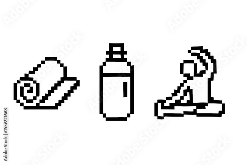 Pixel art yoga set: mat, water bottle, stretching figure