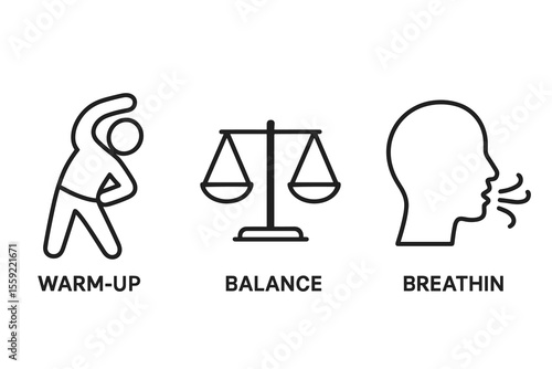 Warm-up exercise, balance scale, breathing technique icons