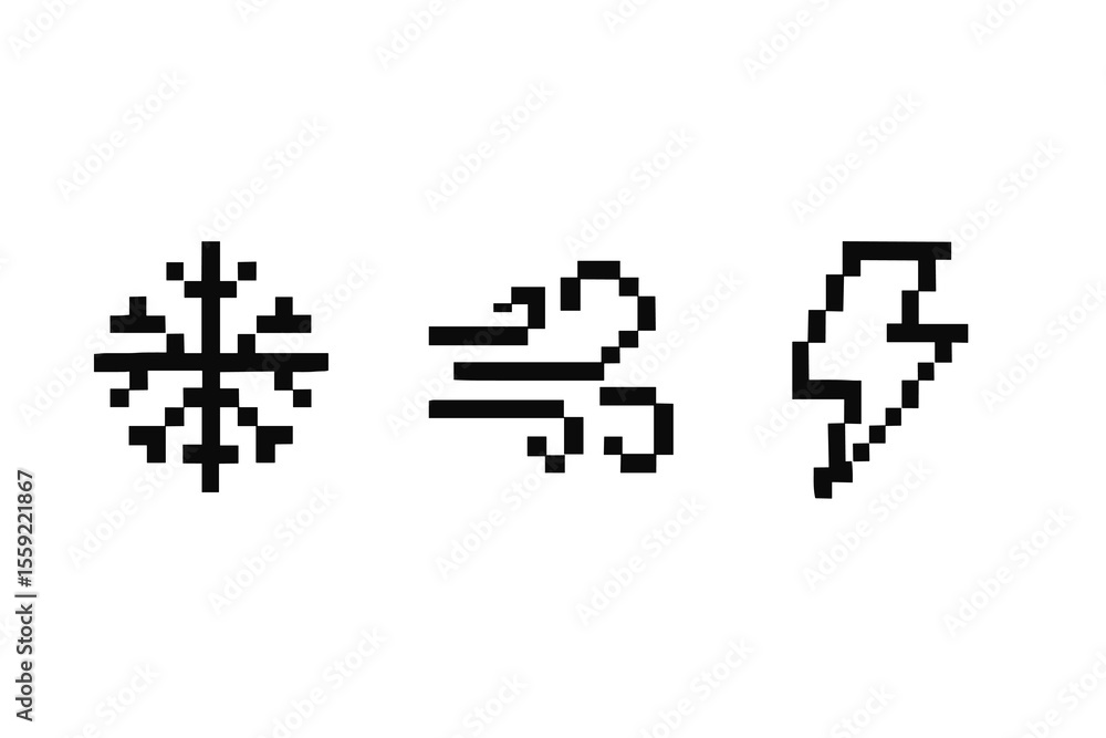 Obraz premium Pixel icons of snowflake, wind, and lightning symbols