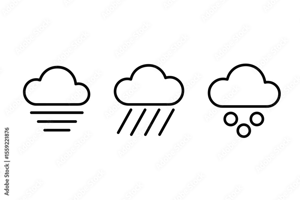 Cloud weather icons: fog, rain, snow symbols in black Cloud weather icons: fog, rain, snow symbols in black