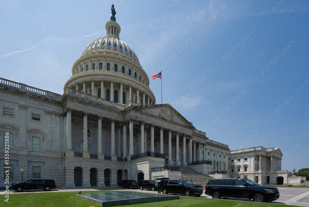 Obraz premium Congress under a clear sky. Congress is the historic symbol of American democracy. Congress in Washington, DC. The Capitol dome rising over Capitol Hill. Washington DC skyline near Congress.