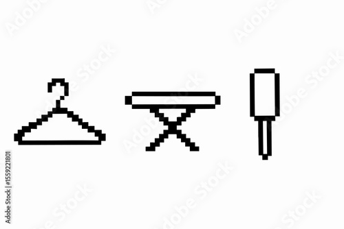 Pixel art symbols: hanger, ironing board, rolling pin