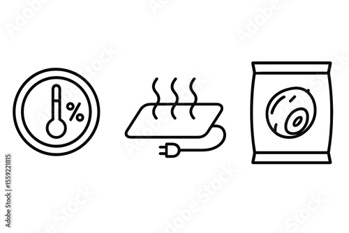 Hygrometer, electric heater, and packaged snack line icons