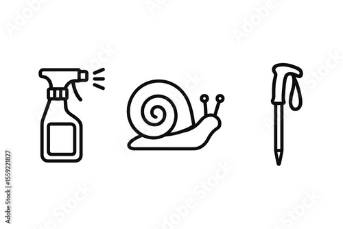 Minimalist spray bottle snail walking cane icons in black outline