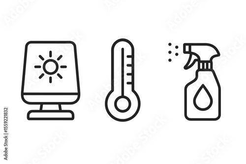 Climate controls and cleaning tools symbols in line art style