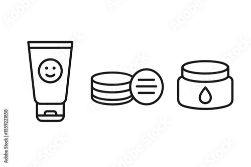 Beauty products icon set: cream tube, cotton pads, jar outline