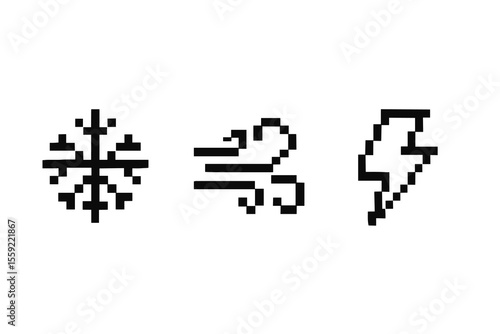 Pixel icons of snowflake, wind, and lightning symbols