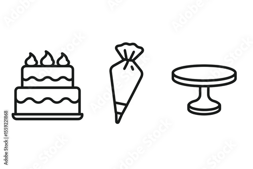 Cake with icing piping bag and stand illustrations - baking essentials symbols