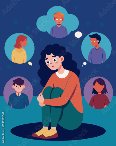 A victim of digital bullying being excluded from group chats and social gatherings making them feel isolated and alone.. Vector illustration