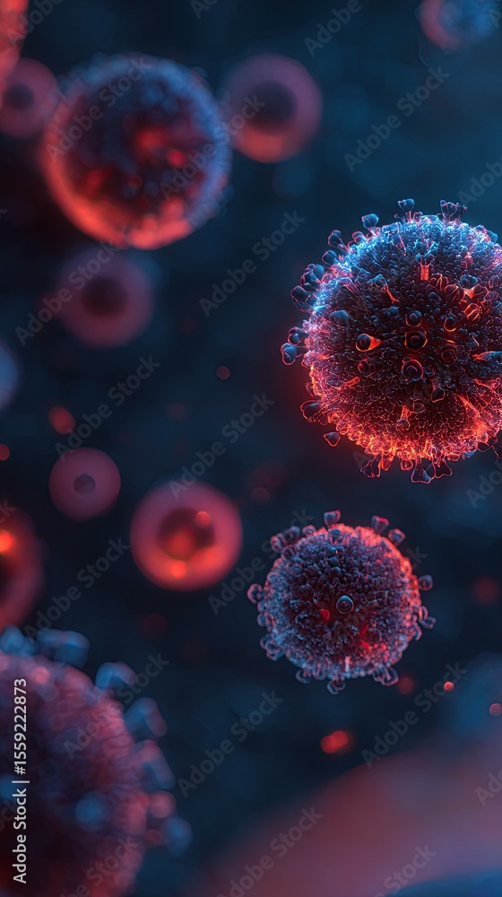 Fototapeta premium Intricate illustration of a virus, highlighting its structure with vibrant red and blue hues.