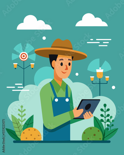A farmer using digital precision agriculture techniques to optimize crop yield and reduce unnecessary use of resources.. Vector illustration
