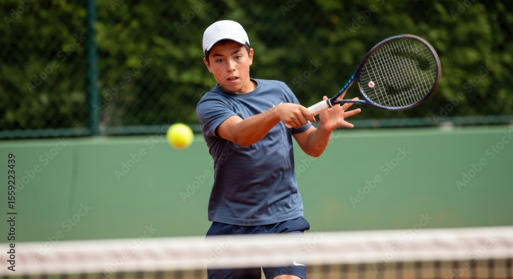 Fototapeta premium A young male tennis player in a blue t-shirt and white cap, intensely focused on hitting a forehand with a tennis racket and ball on a clay court with a green backdrop.