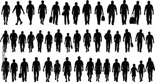 Walking silhouettes, people in motion, human crowd, casual walkers, travelers, adults and children, white background, movement diversity, pedestrian group, active lifestyle, bags, posture