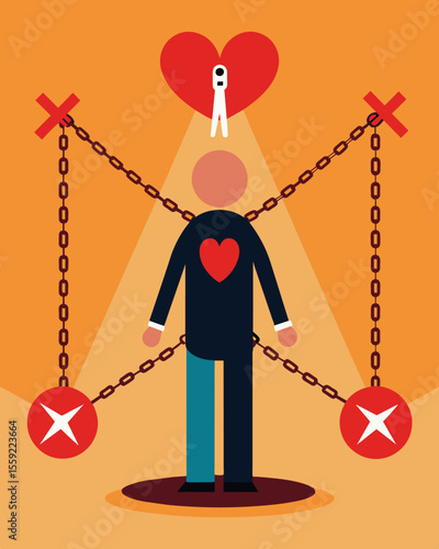 Chains with phrases like love bombing and triangulation bind a person preventing them from seeing the manipulative behaviors of those around them.. Vector illustration