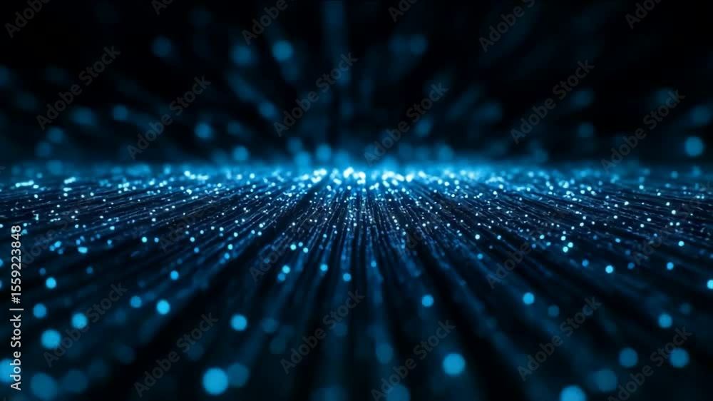 A mesmerizing display of glowing blue particles creates a futuristic ambiance, evoking concepts of technology, innovation, and digital transformation Quantum computing and cybernetics add intrigue
