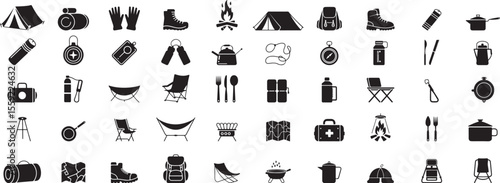 Camping gear icons tent backpack