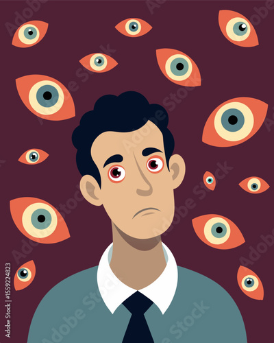 The feeling of hundreds of prying eyes sends a chill down his spine making him feel exposed and vulnerable.. Vector illustration