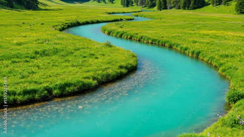 Turquoise river winding through green meadow Turquoise river winding through green meadow
