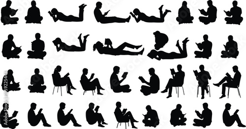 Reading silhouettes, people with books, sitting and lying figures, various postures, digital tablets, comfortable reading, leisure activity, silhouette collection, black shapes, book lovers, relaxin