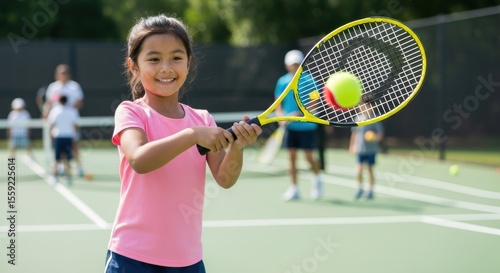 A cheerful young Asian girl enthusiastically playing tennis on a green court, smiling brightly as she holds a yellow racket, surrounded by other players in the background.