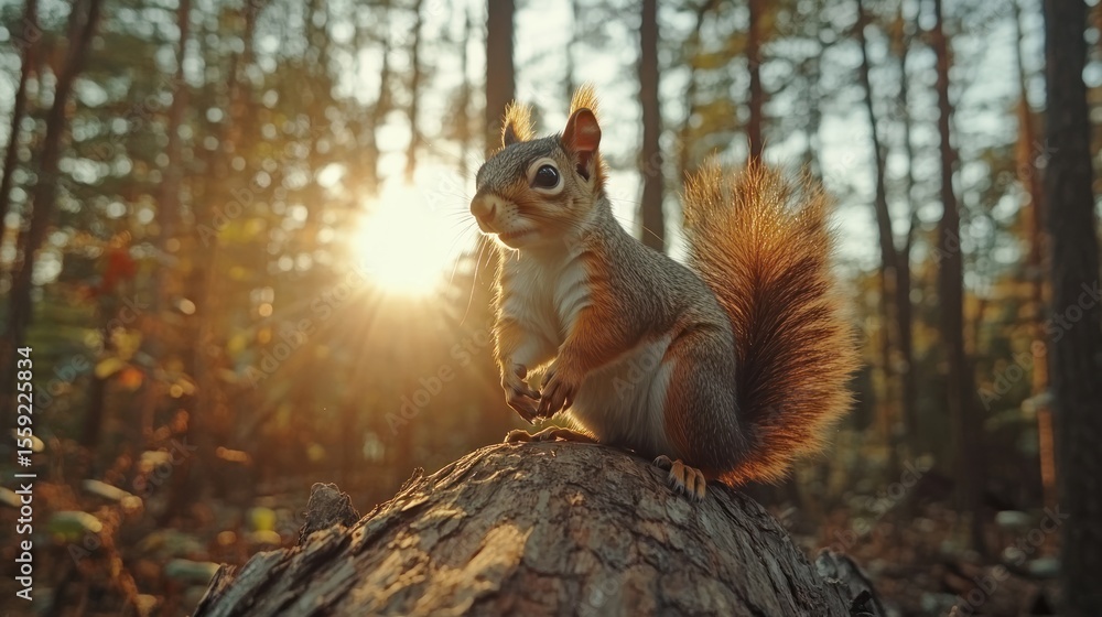 Obraz premium Squirrel perched on a log at sunset