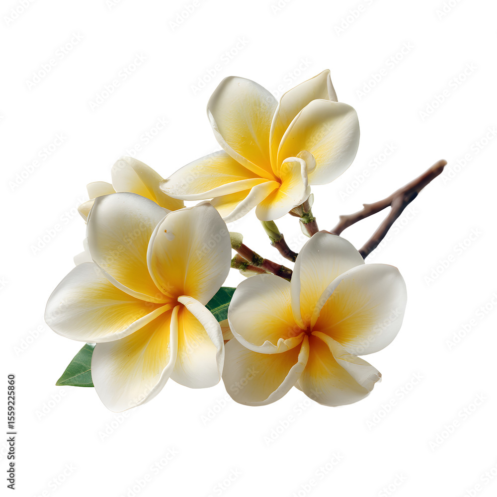 Naklejka premium A delicate cluster of white and yellow frangipani flowers with a branch and green leaf isolated on transparent background