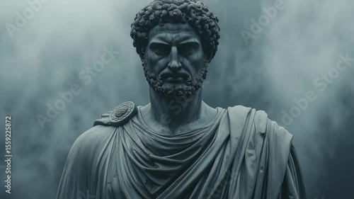 A stone statue of a roman emperor or philosopher against a dramatic cloudy sky. History and stoicism concept. Footage for educational content, museum promotion or a motivational video