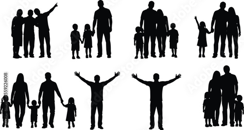 Family silhouettes, parents and children, standing figures, human grouping, casual poses, emotional bonding, black outlines, white background, parental love, kid gestures, domestic