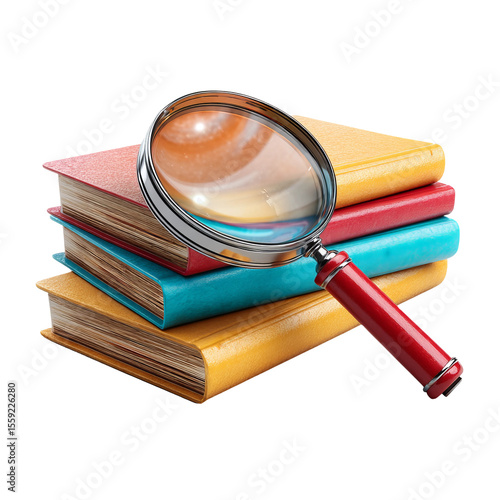 Books and Magnifying Glass: A close-up shot showcases a vibrant stack of colorful books, with a shiny magnifying glass resting atop. It evokes a sense of knowledge and discovery.