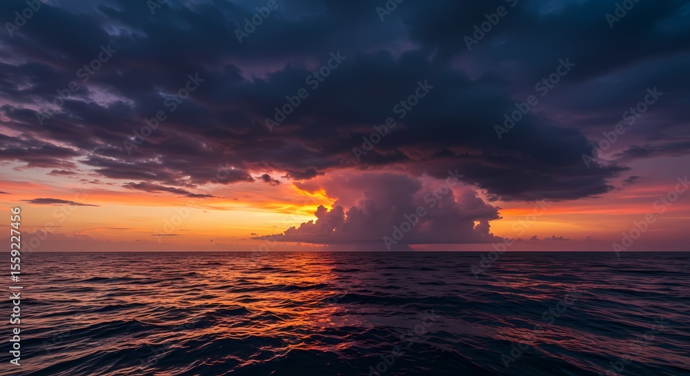 Fototapeta premium Dramatic Ocean Sunset with Imposing Dark Cloudscape