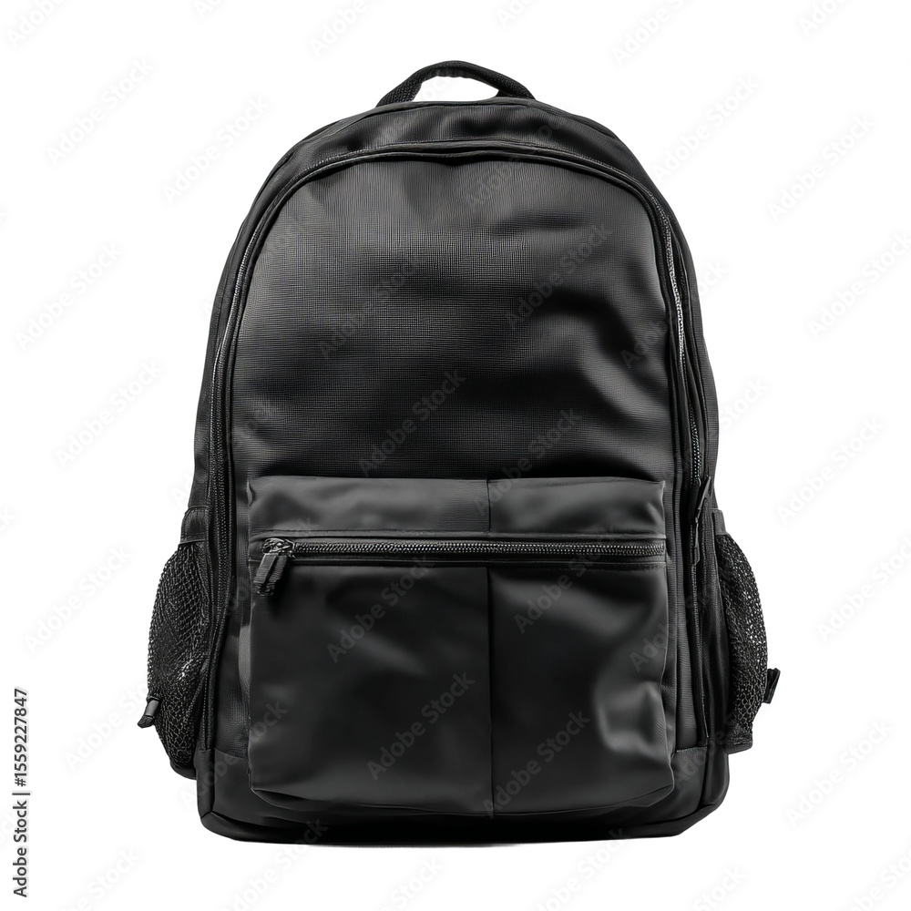 Naklejka premium The Rugged Explorer: A striking, close-up studio shot of a meticulously crafted black backpack, evoking feelings of adventure and preparedness for travel.