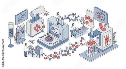 Isometric illustration of scientific research with scientists and laboratory equipment and molecules