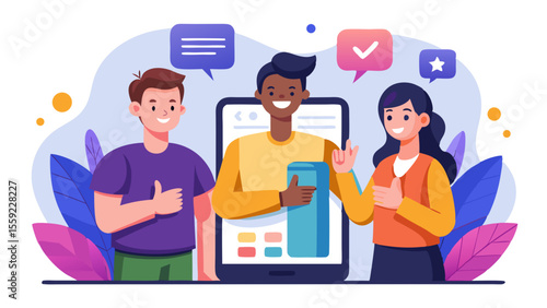 Three people clustered around phone ui preview on