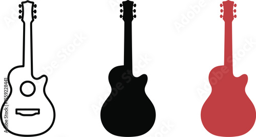 Acoustic guitar vector set black red outline musical instrument stringed guitar illustration drawing art