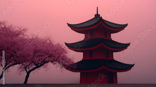 Wallpaper Mural Red pagoda stands tall near pink blossom trees in serene Asian scene Torontodigital.ca