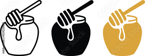 Honey pot vector illustration set with dipper for sweet food and healthy natural organic product 100