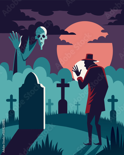 The quiet of the cemetery is interrupted by a chilling whisper from a dark figure beckoning towards the graves of the deceased.. Vector illustration