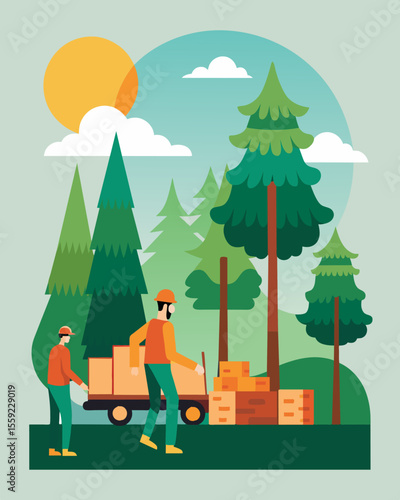 A logging company implements sustainable practices selectively harvesting mature trees and replanting them to maintain the health of the forest.. Vector illustration
