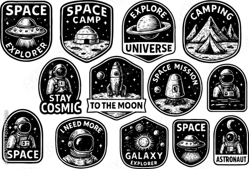 A collection of black and white space-themed badges featuring rockets, astronauts, tents, stars, and cosmic landscapes for sci-fi adventure and exploration lover