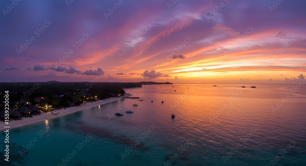 Fototapeta premium Stunning Aerial View of Tropical Sunset Over Ocean and Beach