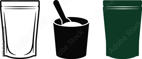 Stock vector illustration of food packaging pouch mockup with spoon and cup for product presentation