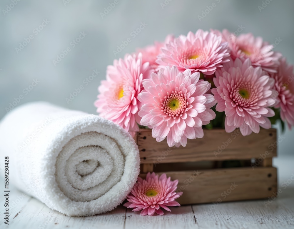 White rolled towel with pink gerbera flowers in wooden box. Spa, beauty treatment, wellness, hygiene concept. Gentle colors, fresh, clean atmosphere, relaxation, zen, spring, vacation. White rolled towel with pink gerbera flowers in wooden box. Spa, beauty treatment, wellness, hygiene concept. Gentle colors, fresh, clean atmosphere, relaxation, zen, spring, vacation.
