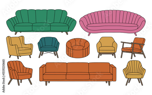 Collection of Colorful Mid Century Modern Furniture Illustrations