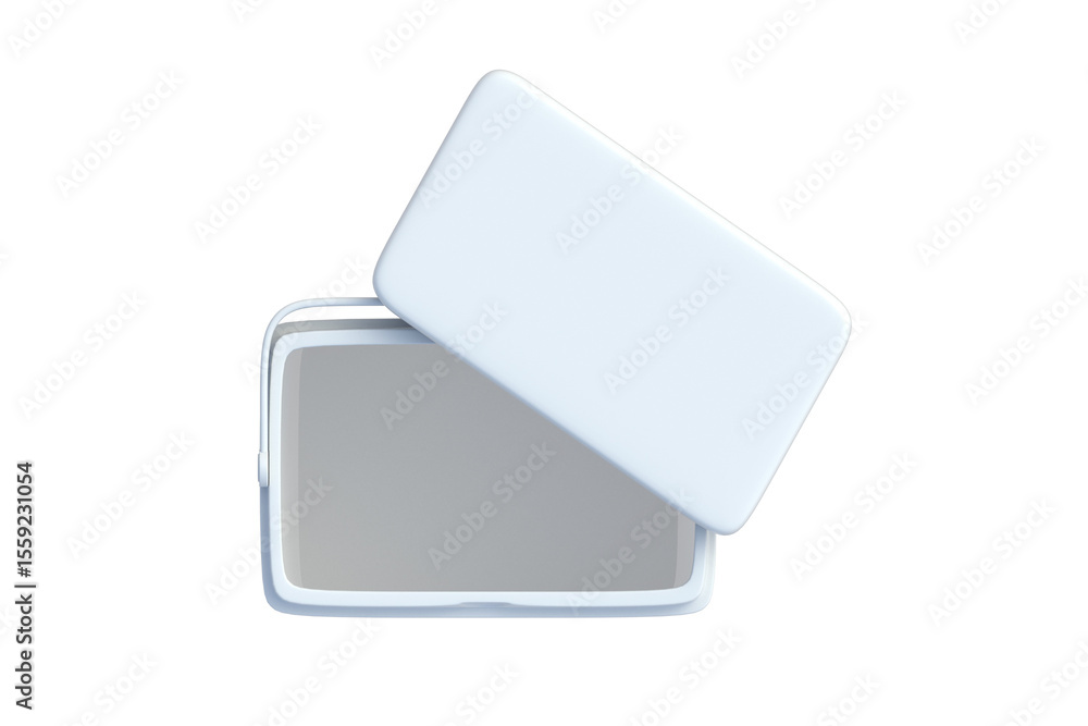 Empty portable fridge isolated on white background. Ice cooler. Freezer box for beverage or food. Equipment for picnic. Top view. 3d render Empty portable fridge isolated on white background. Ice cooler. Freezer box for beverage or food. Equipment for picnic. Top view. 3d render