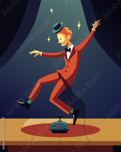 On a stage a performer dances with eerie precision their head tilting and body contorting at the will of an unseen controller.. Vector illustration