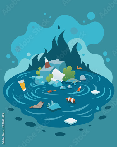 A hazy mass of debris and rubbish swirling together in a neverending cycle within a garbage patch on the waters surface.. Vector illustration