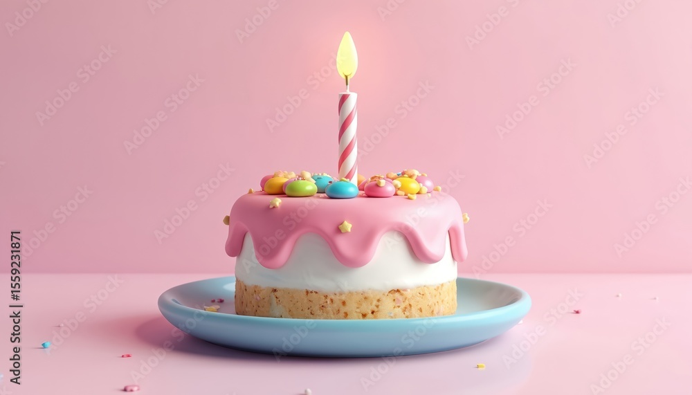 Cute 3d birthday cake, pink icing, candy toppings, single candle, blue plate. Celebration, party, sweet dessert, anniversary. Cartoon illustration for kids. Cute 3d birthday cake, pink icing, candy toppings, single candle, blue plate. Celebration, party, sweet dessert, anniversary. Cartoon illustration for kids.