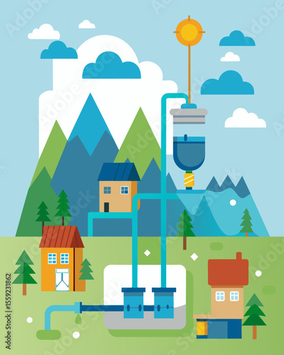 A microhydro system that utilizes small rivers and streams to power homes and businesses providing a decentralized and ecofriendly energy source.. Vector illustration